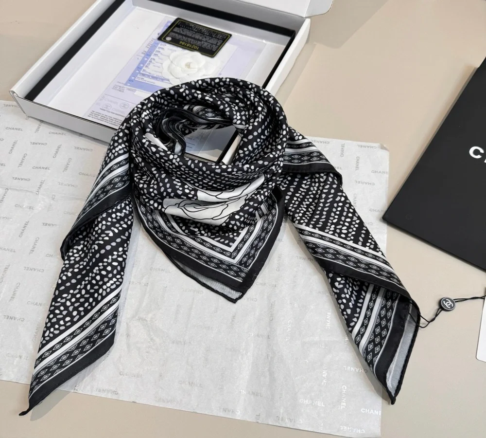 Chanel Polka Dot & Camellia Silk Scarf (Black & White)